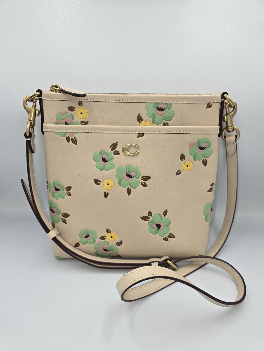 COACH CI183 Kitt Messenger Crossbody Bag Floral Print Beige Leather *FLAW*
